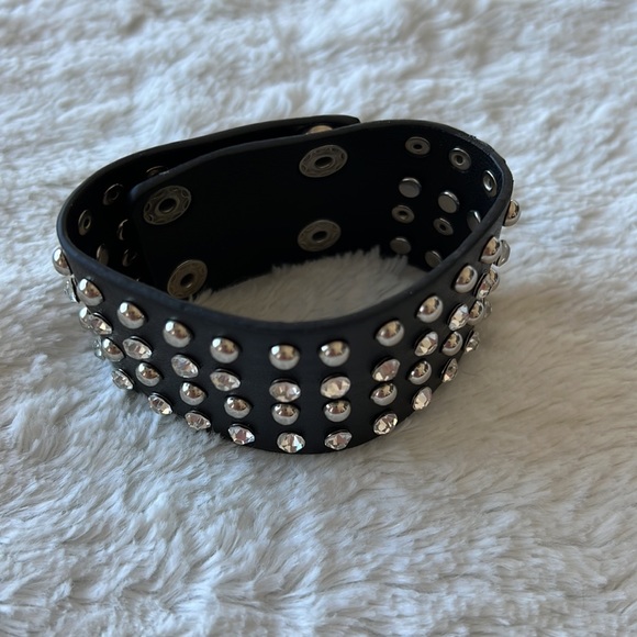 Adjustable Leather Studded Rhinestone Cuff - Picture 6 of 7